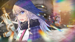  apex_legends blue_eyes blue_hair blurry blurry_background blush braid capelet colored_inner_hair daken_meshi energy_gun female fur_trim gun highres holding holding_gun holding_weapon lens_flare long_hair looking_at_viewer multicolored_hair nijisanji nijisanji_kr nun_bora nun_bora_(1st_costume) open_mouth purple_hair smile solo submachine_gun virtual_youtuber volt_smg weapon world&#039;s_edge 