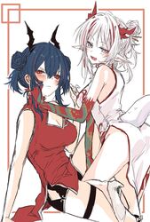  2girls an_fyhx arknights arm_tattoo black_shorts blue_hair blush breasts ch&#039;en_(ageless_afterglow)_(arknights) ch&#039;en_(arknights) china_dress chinese_clothes cleavage cleavage_cutout clothing_cutout colored_skin double_bun dragon_girl dragon_horns dragon_tail dress hair_between_eyes hair_bun high_heels highres horns large_breasts multicolored_hair multiple_girls nian_(arknights) nian_(unfettered_freedom)_(arknights) oerba_yun_fang official_alternate_costume open_mouth purple_eyes red_dress red_eyes red_hair red_skin short_shorts shorts single_hair_bun sleeveless sleeveless_dress streaked_hair sweat tail tattoo thigh_strap white_dress white_footwear white_hair 