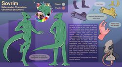  2017 5_fingers 5_toes absurd_res ambiguous_gender amphibian anthro biped blep chameleon color_swatch english_text featureless_crotch feet fingers flat_colors hi_res hybrid klippy lizard long_tongue model_sheet multicolored_body multicolored_skin nonbinary_(lore) nude pink_tongue reptile salamander scalie shimmering_spectrum solo sovrim_terraquian standing text toes tongue tongue_out 