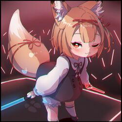  ;3 animal_ears beat_saber black_border black_dress black_footwear bloomers blush border brown_hair chromatic_aberration closed_mouth collared_shirt commentary_request dress female fox_ears fox_girl fox_tail glowstick hair_ornament hairclip highres holding koume_(vrchat) kuro_kosyou long_sleeves looking_at_viewer one_eye_closed pinafore_dress puffy_long_sleeves puffy_sleeves red_eyes shirt shoes sleeveless sleeveless_dress sleeves_past_wrists socks solo standing tail underwear vrchat white_bloomers white_shirt white_socks x_hair_ornament 