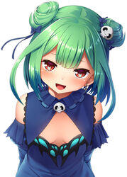  :d animal_print bare_shoulders blue_bow blue_dress bow breasts breasts_apart butterfly_print commentary_request double_bun dress earrings female furrowed_brow green_hair hair_bun hair_ornament hairbow head_tilt highres hololive jewelry looking_at_viewer noshimasa open_mouth photoshop_(medium) red_eyes short_hair simple_background skull_earrings skull_hair_ornament small_breasts smile solo uruha_rushia uruha_rushia_(1st_costume) virtual_youtuber white_background 