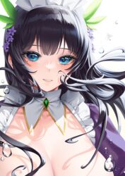  absurdres black_hair blue_eyes breasts cleavage female highres huge_breasts last_origin maid_headdress oberonia_rhea simple_background smile solo teddyellow white_background 