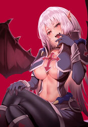  absurdres bat_wings black_pantyhose boots breasts center_opening choker cleavage commentary cross crossed_arms crossed_legs duel_monster earrings english_commentary fangs female finger_in_own_mouth gloves hand_on_own_knee highres jewelry large_breasts long_hair long_sleeves looking_at_viewer navel pantyhose piercing pointy_ears pointy_hair red_background red_eyes rpg_(ram) simple_background slit_pupils solo stomach tongue tongue_out vampire vampire_vamp white_hair wings yu-gi-oh! 