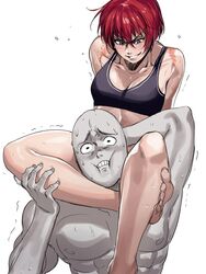  1boy arms_behind_back asphyxiation bald barefoot black_sports_bra breasts choke_hold collarbone commentary cowgirl_position evil_grin evil_smile female grey_eyes grin hair_between_eyes han_soo-min_(hanny) hanny_(uirusu_chan) highres mixed-sex_combat mixed_martial_arts muscular muscular_male original red_hair scar scissorhold short_hair small_breasts smile sports_bra strangling sweat tekken tekken_7 toes trembling triangle_choke 