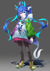  ahoge animal_ears aqua_hair blue_eyes blue_hair brown_pantyhose character_name commentary crossed_bangs cut_bangs drawstring female grey_background hair_ornament heterochromia hood hood_down hoodie horns horse_ears horse_girl horse_tail long_hair long_sleeves looking_at_viewer multicolored_hair orange0150 pantyhose purple_eyes shadow sidelocks solo stuffed_animal stuffed_toy tail tareme turtleneck twin_turbo_(umamusume) twintails umamusume v-shaped_eyebrows wavy_hair white_hoodie wide_sleeves yellow_footwear 