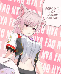  animal_ear_fluff animal_ears bandaid black_skirt black_vest blush bow bowtie braid breasts cat_ears collared_shirt commentary crossed_bandaids desk disdain female gold_trim hexagon jacket large_breasts long_hair midriff mitsurugi_lia multicolored_vest navel oerba_yun_fang parted_lips pink_background pink_hair purple_bow purple_bowtie raised_eyebrow red_eyes red_vest romaji_text shirt side_braid signature skin_fang skirt spanish_text speech_bubble stomach striped_clothes striped_shirt suspender_skirt suspenders text_background translated trembling vertical-striped_clothes vertical-striped_shirt vest virtual_youtuber wactor_production white_shirt zero_(73ro) 