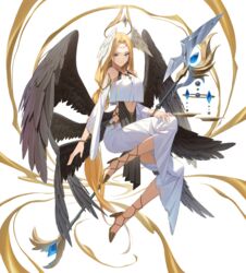  absurdres angel_wings bad_id bad_pixiv_id bangle bare_shoulders black_wings blonde_hair blue_eyes bracelet breasts cleavage closed_mouth collarbone crop_top crown detached_sleeves feathered_wings female floating_crown glow_(user_hnpv7785) gold_footwear head_wings high_heels highres jewelry long_hair long_sleeves looking_at_viewer multiple_wings original pants pelvic_curtain sleeveless smile solo staff very_long_hair weighing_scale white_pants wide_sleeves wings 