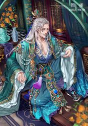  1boy alcohol beard blue_gemstone company_name eiketsu_taisen facial_hair flower gem hair_ornament hair_stick indoors jian_yong_(eiketsu_taisen) long_hair male_focus mature_male meisai official_art old old_man pectorals sitting solo tassel vase white_hair wide_sleeves 