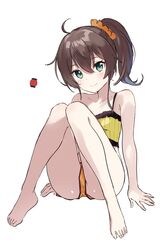  ahoge ass bad_id bad_twitter_id bare_arms bare_legs bare_shoulders barefoot blue_eyes brown_hair camisole collarbone crop_top female full_body h_(eitilog) hair_between_eyes hair_ornament hair_scrunchie highres hololive knees_up long_hair looking_at_viewer micro_shorts midriff natsuiro_matsuri natsuiro_matsuri_(matsuri&#039;s_day_off) orange_shorts scrunchie shirt shorts side_ponytail simple_background sleeveless smile solo spaghetti_strap thighs virtual_youtuber white_background yellow_shirt 