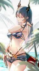  absurdres arknights bikini black_shorts blue_bikini blue_hair blurry breasts ch&#039;en_(arknights) ch&#039;en_the_holungday_(arknights) ch&#039;en_the_holungday_(elite_ii)_(arknights) clouble cowboy_shot depth_of_field dragon_horns female hair_between_eyes highres holding horns long_hair medium_breasts navel official_alternate_costume palm_tree red_eyes scabbard sheath short_shorts shorts solo swimsuit thighs tree wet 