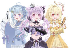  3girls :3 :d ahoge amaui animal_ears animal_on_shoulder black_bow black_collar black_ribbon black_skirt black_sleeves blonde_hair blue_bow blue_hair blue_kimono blunt_bangs blush bow bow_skirt bowtie braid breasts cat_ears cleavage closed_mouth collar commentary_request compensator cowboy_shot crescent crescent_hair_ornament criss-cross_halter crown crown_braid detached_collar detached_sleeves dress ear_ribbon frilled_collar frilled_dress frilled_kimono frilled_sleeves frills golden_gun gun h&amp;k_hk45 hair_between_eyes hair_intakes hair_ornament hairbow halo halterneck handgun highres hinata_mashu holding holding_gun holding_weapon ina_uruu japanese_clothes kimono large_breasts long_hair long_sleeves looking_at_viewer low_twintails medium_bangs medium_breasts midriff mini_crown multiple_girls nanashi_inc. natsuki_aya navel neck_ribbon oerba_yun_fang off-shoulder_dress off_shoulder open_mouth orange_eyes pink_eyes pink_hair pink_ribbon purple_eyes rabbit red_ribbon ribbon s&amp;w_m&amp;p short_hair side_braid sig_sauer sig_sauer_p320 simple_background skirt sleeve_ribbon smile suppressor twintails two-handed two-tone_bow virtual_youtuber weapon white_background white_bow white_bowtie wide_sleeves yellow_collar yellow_dress 