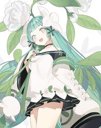  bad_id bad_twitter_id black_choker black_kimono blunt_bangs blush bow choker clover_print commentary cowboy_shot female flat_chest flower gradient_eyes green_eyes green_hair green_kimono hair_ornament hakushi_(masterwork_apocalypse) hand_on_own_chest highres hikimayu holding holding_flower japanese_clothes kaoruko_(unkrk55) kimono leaf long_hair looking_at_viewer masterwork_apocalypse multicolored_clothes multicolored_eyes multicolored_kimono multiple_bows off_shoulder open_mouth short_kimono sleeves_past_fingers sleeves_past_wrists smile solo very_long_hair white_background white_bow white_flower wide_sleeves yellow_eyes 