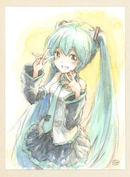  aqua_eyes aqua_hair aqua_nails aqua_necktie bare_shoulders black_skirt black_sleeves blush commentary detached_sleeves epoxy_putty female grey_shirt hair_ornament hand_on_own_chin hands_up hatsune_miku headphones long_hair nail_polish necktie open_mouth shirt skirt sleeveless sleeveless_shirt smile solo traditional_media twintails upper_body v very_long_hair vocaloid 