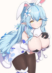  absurdres ahoge animal_ears arm_under_breasts black_gloves black_leotard black_pantyhose blue_hair braid breasts cleavage colored_tips cosplay don-chan_(usada_pekora) fake_animal_ears female flower fur-trimmed_jacket fur_trim gloves hair_between_eyes hair_flower hair_ornament half_updo heart heart_ahoge highres hololive jacket large_breasts leotard long_hair looking_at_viewer multicolored_hair pantyhose playboy_bunny pointy_ears rabbit_ears simple_background snowflake_hair_ornament solo streaked_hair taraneko_miso usada_pekora usada_pekora_(1st_costume) usada_pekora_(cosplay) very_long_hair virtual_youtuber white_background yellow_eyes yukihana_lamy 