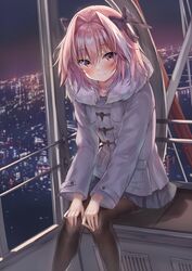  1boy astolfo_(fate) black_bow black_pantyhose blush bow city cityscape closed_mouth coat commentary contemporary duffel_coat fate/apocrypha fate/grand_order fate_(series) ferris_wheel ferris_wheel_interior fur-trimmed_jacket fur_trim grey_jacket grey_skirt hair_intakes hairbow hands_on_own_knees highres jacket long_hair long_sleeves looking_at_viewer male_focus miniskirt mochi_nabe multicolored_hair night otoko_no_ko pantyhose pink_hair pleated_skirt purple_eyes sitting skirt solo streaked_hair thighband_pantyhose 