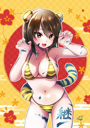  absurdres animal_ears animal_print artist_name bikini body_writing breasts brown_eyes brown_hair checkered_background chinese_zodiac claw_pose cleavage commentary cowboy_shot egasumi female floral_background girls_und_panzer halterneck highres ink_stain itsumip long_hair looking_at_viewer medium_breasts mika_(girls_und_panzer) navel new_year no_headwear oerba_yun_fang open_mouth print_bikini rising_sun_flag signature skin_fang smile solo standing sunburst swimsuit tail tiger_ears tiger_print tiger_tail translated year_of_the_tiger yellow_bikini 