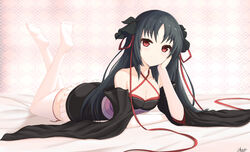  absurdres bare_shoulders black_dress black_sleeves breasts cleavage collarbone commentary criss-cross_halter detached_sleeves dress female hair_ribbon halterneck highres legs_up long_hair long_sleeves looking_at_viewer lying machine-doll_wa_kizutsukanai medium_breasts no_shoes on_stomach red_ribbon ribbon sato_art sleeveless sleeveless_dress solo the_pose thighhighs white_thighhighs wide_sleeves yaya_(machine-doll) 