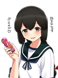  black_hair blue_neckerchief blush braid candy female food hair_between_eyes hair_ribbon heart heart-shaped_pupils highres holding holding_candy holding_food isonami_(kancolle) kantai_collection long_hair neckerchief open_mouth puccho_(candy) ribbon sailor_collar school_uniform serafuku short_sleeves simple_background solo symbol-shaped_pupils translated tussy twin_braids white_background 