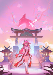  animal_ears anklet architecture bare_legs bare_shoulders breasts closed_mouth commentary crossed_legs detached_sleeves east_asian_architecture english_commentary falling_petals female fox_ears full_body genshin_impact guryfrog hakama highres inari interlocked_fingers japanese_clothes jewelry lantern large_breasts legs long_hair looking_at_viewer low-tied_long_hair okobo own_hands_together petals pink_hair pink_theme purple_eyes sandals shirt signature smile solo stairs standing statue thighs torii tree white_shirt wooden_lantern yae_miko 