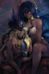  1boy absurdres ankh arm_around_shoulder artist_name bikini black_nails blue_eyes blue_hair breasts candace_(genshin_impact) cleavage cyno_(genshin_impact) dark-skinned_female dark-skinned_male dark_skin expressionless female genshin_impact glowing glowing_eye grey_hair hair_over_one_eye halterneck helmet heterochromia highres long_hair looking_at_viewer medium_breasts nail_polish orange_eyes parted_lips ravine_bells rebelle_(medium) sitting smile swimsuit white_bikini 