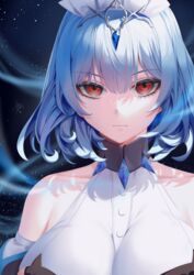  absurdres bare_shoulders blue_hair breasts expressionless female highres large_breasts last_origin light_blue_hair looking_at_viewer maid_headdress night night_sky red_eyes short_hair sky solo star_(sky) starry_sky teddyellow titania_frost 