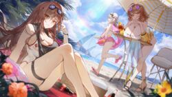  3girls ahoge anis_(nikke) anis_(sparkling_summer)_(nikke) aviator_sunglasses bare_shoulders beach_umbrella bikini bikini_skirt black_choker black_one-piece_swimsuit black_towel blush breasts brown_hair character_request choker cleavage commentary_request competition_swimsuit counters_(nikke) eyepatch_bikini eyewear_on_head front-tie_bikini_top front-tie_top goddess_of_victory:_nikke goggles goggles_on_head grey_hair high_heels highleg highleg_bikini highleg_swimsuit holding holding_swim_ring innertube jacket kayak kuroduki_(pieat) large_breasts long_hair looking_at_viewer multiple_girls neon_(blue_ocean)_(nikke) neon_(nikke) ocean official_alternate_costume one-piece_swimsuit orange_eyes outdoors pink_innertube pink_skirt rapi_(classic_vacation)_(nikke) rapi_(nikke) sandals short_hair side-tie_bikini_bottom sitting skirt smile string_bikini sunglasses swim_goggles swim_ring swimsuit thigh_strap thighs towel towel_around_neck two-tone_swimsuit umbrella white_bikini yellow_jacket 