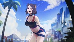  animal_ears artist_name ascari_megane_(aurahack) aurahack black_hair breasts building cat_ears cleavage cloud female final_fantasy final_fantasy_xiv heterochromia highres miqo&#039;te navel outdoors parted_bangs patreon_username purple_eyes red_eyes solo_focus tree warrior_of_light_(ff14) web_address 