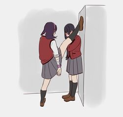  2girls black_hair blush commentary crispykodraws english_commentary foot_kabedon hairband hyakkaou_academy_school_uniform igarashi_sayaka ikishima_midari kabedon kakegurui locker_foot_kabedon_(meme) long_hair medium_hair meme multiple_girls pink_hairband purple_hair school_uniform split standing standing_on_one_leg standing_split wristband yuri 