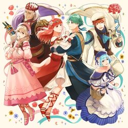  3boys 3girls alm_(fire_emblem) alm_(valentine)_(fire_emblem) aym_(ash3ash3ash) bad_id bad_twitter_id basket beard belt blonde_hair blue_eyes blue_hair bow braid brother_and_sister brown_eyes celica_(fire_emblem) celica_(valentine)_(fire_emblem) closed_mouth conrad_(fire_emblem) conrad_(valentine)_(fire_emblem) crown dagger dress facial_hair father_and_son faye_(fire_emblem) faye_(valentine)_(fire_emblem) fire_emblem fire_emblem_echoes:_shadows_of_valentia fire_emblem_heroes flower from_side green_eyes green_hair hairbow hat head_wreath holding jewelry knife long_hair long_sleeves multiple_boys multiple_girls necklace parted_lips petals red_eyes red_hair rudolf_(fire_emblem) rudolf_(valentine)_(fire_emblem) short_hair short_sleeves siblings silque_(fire_emblem) silque_(valentine)_(fire_emblem) twin_braids weapon white_hair 