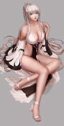  absurdres bangs banned_artist bare_legs bare_shoulders black_panties blue_eyes breasts cleavage collarbone detached_sleeves dungeon_and_fighter earrings female female_gunner_(dungeon_and_fighter) full_body grey_background hair_ornament hand_up high_heels highres jewelry large_breasts lips long_hair long_sleeves looking_at_viewer monaim panties parted_lips revealing_clothes shoes silver_hair simple_background sitting sleeves_past_wrists solo stomach thighs underwear very_long_hair white_footwear wide_sleeves 