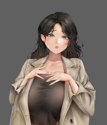  absurdres black_hair black_tank_top blush breasts closed_mouth coat commentary_request female gdhs green_eyes grey_background grey_coat hair_behind_ear halterneck hands_on_own_chest highres huge_breasts long_hair looking_at_viewer mature_female solo tank_top warship_girls_r 