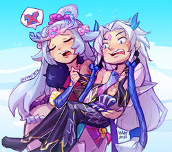  1boy 2020 artist_name bare_shoulders black_legwear blue_eyes blue_skin centaur closed_eyes colored_skin female hair_bun hair_ornament horns league_of_legends lillia_(league_of_legends) long_hair long_sleeves looking_at_another monster_girl open_mouth parted_bangs shiny_skin single_hair_bun smile spirit_blossom_(league_of_legends) spirit_blossom_lillia spirit_blossom_yone taur teeth upper_teeth_only vmat white_hair yone_(league_of_legends) 