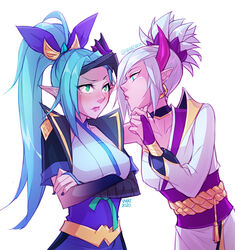  2girls bandaged_arm bandages blue_nails blue_ribbon blue_skin blush breasts closed_mouth colored_skin crossed_arms earrings from_side green_eyes green_hair hair_ribbon horns jewelry league_of_legends long_hair looking_at_another medium_breasts multiple_girls nail_polish obi pointy_ears pointy_nose ponytail ribbon riven_(league_of_legends) sash short_sleeves spirit_blossom_(league_of_legends) spirit_blossom_riven spirit_blossom_vayne vayne_(league_of_legends) vmat 