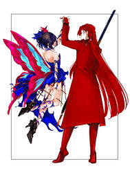  2girls :d absurdres alternate_costume back bare_shoulders black_footwear black_hair boots braid bug butterfly coat commentary_request ddlcclia fate/grand_order fate_(series) floating gloves hair_ornament high_heels highres interlocked_fingers long_hair multiple_girls mysterious_ranmaru_x_(fate) oda_nobunaga_(fate) oda_nobunaga_(maou_avenger)_(fate) red_gloves red_hair sheath sheathed short_hair smile sword tiptoes very_long_hair weapon 