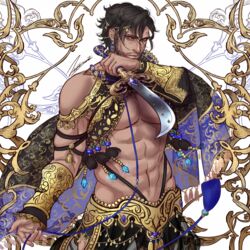  1boy abs bare_shoulders beard black_nails blue_gemstone bracer brown_eyes brown_hair dark-skinned_male dark_skin facial_hair gem gold_trim hair_ornament holding holding_knife knife looking_at_viewer male_focus mature_male meisai original pectoral_cleavage pectorals short_hair skindentation solo standing tassel toned toned_male underpec 