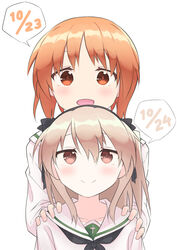  2girls alternate_costume black_neckerchief black_ribbon blouse brown_eyes brown_hair closed_mouth commentary dated girls_und_panzer hair_ribbon hands_on_another&#039;s_shoulders highres kai3700 light_brown_hair long_hair long_sleeves looking_at_viewer multiple_girls neckerchief nishizumi_miho one_side_up ooarai_school_uniform open_mouth ribbon sailor_collar school_uniform serafuku shimada_arisu shirt short_hair simple_background smile speech_bubble white_background white_sailor_collar white_shirt 