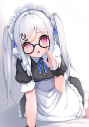  absurdres apron arm_support bed_sheet black-framed_eyewear black_dress commentary_request dress female frilled_apron frilled_dress frills glasses hair_ornament hairclip hand_up hashiko_nowoto highres long_hair looking_at_viewer maid maid_headdress open_mouth original parted_bangs pink_eyes pleated_dress puffy_short_sleeves puffy_sleeves round_eyewear short_sleeves solo twintails very_long_hair white_apron white_background white_hair wrist_cuffs 