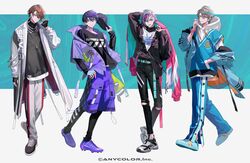  4boys backpack bag black_gloves black_jacket black_pants black_shirt blue_footwear blue_hair blue_pants blue_shirt brown_eyes brown_hair cleats collarbone fingerless_gloves full_body fuwa_minato gloves grey_footwear grey_hair grey_jacket hand_in_pocket head_tilt highres jacket jewelry kagami_hayato kaida_haru kenmochi_touya lowro_(en) male_focus multicolored_hair multiple_boys necklace nijisanji off_shoulder official_art pants purple_footwear purple_hair purple_shorts rof-mao shirt shoes shorts sneakers streaked_hair sweatpants torn_clothes torn_pants virtual_youtuber white_gloves 