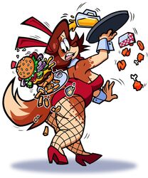  2020 5:6 anthro ass beverage bunny_costume burger canid canine canis chicken_meat clothing costume domestic_dog fast_food female fishnet_clothing fishnet_legwear food footwear fried_chicken fries galactabee hi_res high_heels legwear mammal meat nikki_(galactabee) shoes solo waiter 