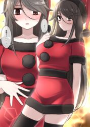  bags_under_eyes black_thighhighs breasts christmas collarbone dress expressionless female flying_sweatdrops hand_on_own_thigh hat highres ikari_manatsu kurai_ano_ko_to_shitai_koto large_breasts multiple_views parted_lips red_headwear santa_costume santa_dress santa_hat sasaki_touko shirt skindentation standing thighhighs translated zettai_ryouiki 