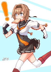  ! black_skirt boots braid bread bread_slice dated female food food_in_mouth hachimaki hair_ornament headband highres izumikuma kantai_collection late_for_school light_brown_hair miniskirt mouth_hold necktie orange_necktie over-kneehighs propeller_hair_ornament red_footwear running sailor_collar school_uniform serafuku short_sleeves skirt solo teruzuki_(kancolle) thighhighs toast toast_in_mouth twin_braids white_thighhighs 