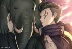  1boy animal artist_name black_hair black_jacket collarbone commentary_request danganronpa_(series) danganronpa_2:_goodbye_despair elephant jacket jewelry long_sleeves looking_at_animal male_focus outdoors ring scar scar_across_eye scar_on_face scarf shirt short_hair tanaka_gundham white_shirt z-epto_(chat-noir86) 