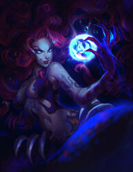  arm_tattoo ball blue_background claws collarbone female glowing glowing_eyes green_eyes hand_up highres holding long_hair magic mermaid monster_girl morgana_(league_of_legends) navel orb original pointy_ears red_hair red_lips shiny_skin solo tattoo upper_body zoe_(crownsforkings) 