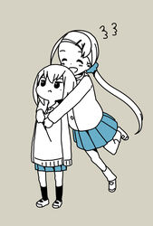  2girls :d :t ^_^ alternate_height annoyed blazer blue_scrunchie blue_skirt blush buttons closed_eyes collared_shirt commentary_request dot_nose forehead full_body glomp grey_background hair_ornament hair_scrunchie hairclip happy highres hitoribocchi_no_marumaru_seikatsu hug hug_from_behind jacket jumping katsuwo_(cr66g) long_hair long_sleeves mole mole_under_eye multiple_girls open_mouth partially_colored pleated_skirt pout school_uniform scrunchie shirt shoes short_hair simple_background skirt sleeves_past_fingers sleeves_past_wrists smile socks sotoka_rakita split_mouth standing sunao_nako sweater uwabaki very_long_hair 