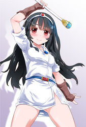  belt black_hair blush breasts circlet closed_mouth dress druaga_no_tou elbow_gloves female fingerless_gloves gloves highres jewelry ki_(druaga) long_hair looking_at_viewer noto_(soranoto) panties pendant red_eyes simple_background smile solo staff underwear white_panties 