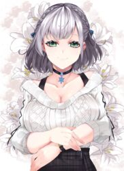  absurdres arms_under_breasts bad_id bad_pixiv_id black_skirt blue_ribbon braid breasts choker cleavage closed_mouth collarbone commentary eyebrows_hidden_by_hair female floral_background flower french_braid green_eyes grey_hair hair_ribbon highres hololive kurogane_tekki large_breasts mixed-language_commentary off-shoulder_sweater off_shoulder official_alternate_hairstyle plaid plaid_skirt ribbon shirogane_noel shirogane_noel_(casual) short_hair skirt sleeves_past_elbows smile snowflake_choker solo sweater upper_body virtual_youtuber wavy_hair white_sweater wristband 