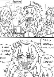  3girls cigarette crying cup_ramen eating english girls_frontline guin_guin hair_over_one_eye long_hair maid_headdress mg5_(girls_frontline) multiple_girls oerba_yun_fang ppk_(girls_frontline) s.a.t.8_(girls_frontline) sad smoking swastika trembling 