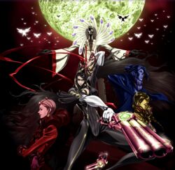  2boys 3girls bayonetta bayonetta:_bloody_fate bayonetta_(character) breasts cereza dual_persona father_balder full_moon glasses gun jeanne_(bayonetta) luka_redgrave moon multiple_boys multiple_girls official_art weapon 