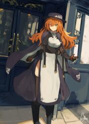  black_gloves black_thighhighs cape door dress elbow_gloves extra_arms feet_out_of_frame female gloves hair_between_eyes hat highres lansane looking_at_viewer one_eye_closed orange_eyes orange_hair original outdoors pelvic_curtain quadriri_(lansane) scar signature smile solo thighhighs 