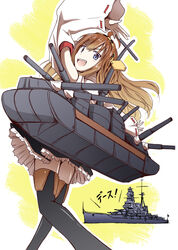  battleship blue_eyes boots brown_hair commentary_request detached_sleeves female hairband japanese_clothes kantai_collection kongou_(battleship) kongou_(kancolle) long_hair looking_at_viewer military_vehicle nontraditional_miko pantyhose pleated_skirt ship skirt smile solo thigh_boots thighhighs translated tri vehicle_and_personification warship watercraft zettai_ryouiki 